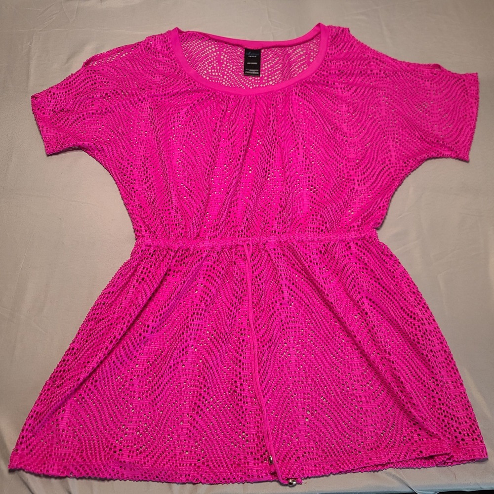 Catalina Swim Cover Up Women Large Pink Crochet Knit Drawstring Mesh Beach Dress